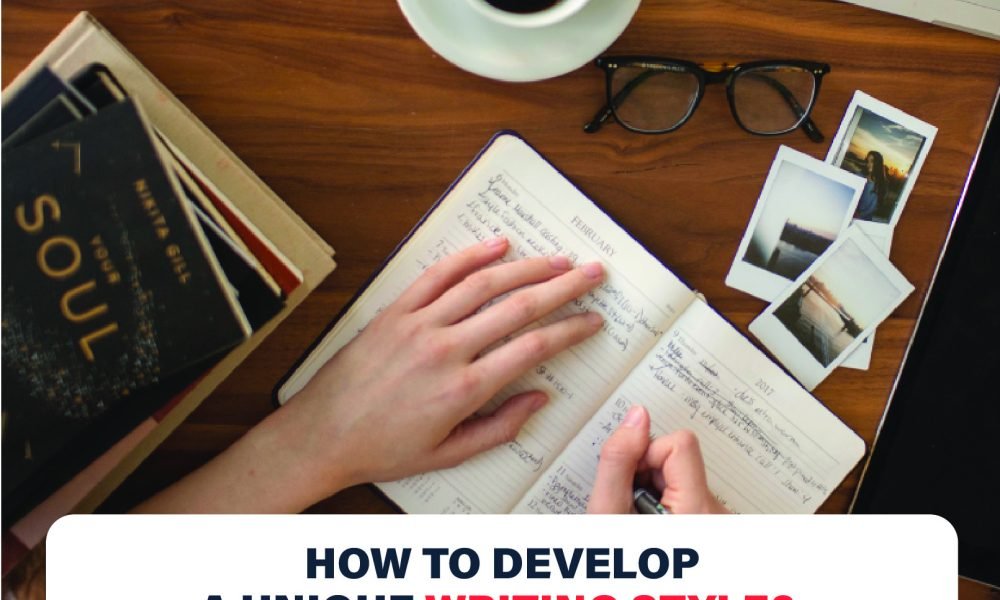 Visual guide showing key steps to develop a unique writing style and exploring different voices to create authentic writing.