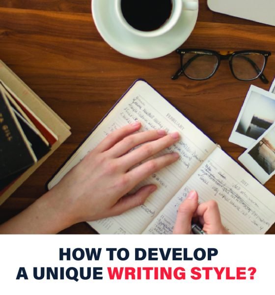 Visual guide showing key steps to develop a unique writing style and exploring different voices to create authentic writing.