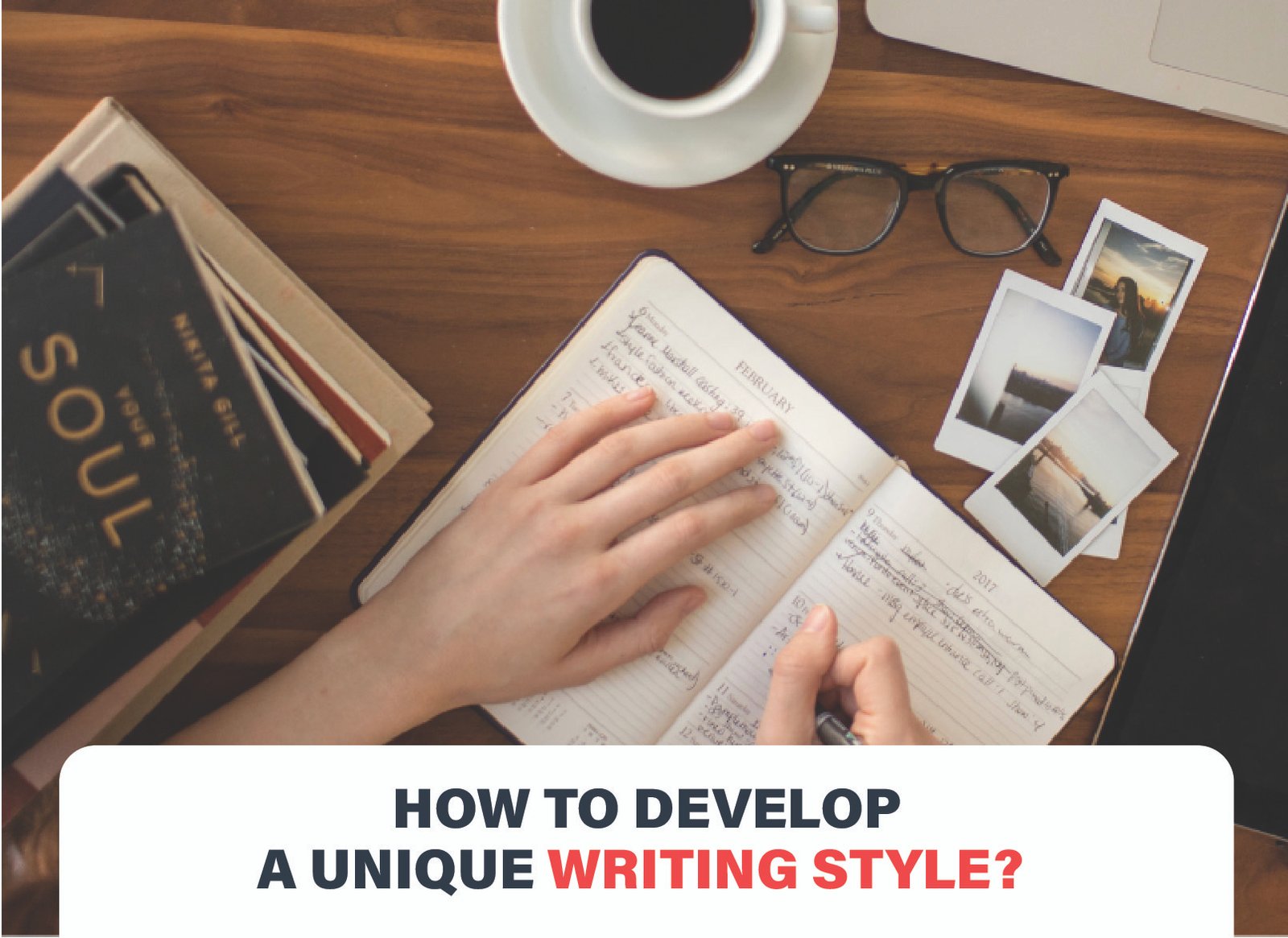 Visual guide showing key steps to develop a unique writing style and exploring different voices to create authentic writing.