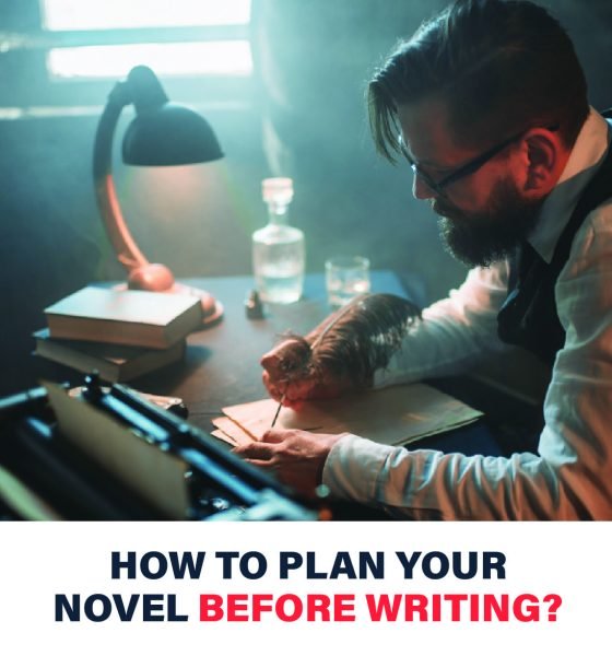 Close-up of hands writing in a notebook with brainstorming notes and plot diagrams, showing novel planning techniques before writing.